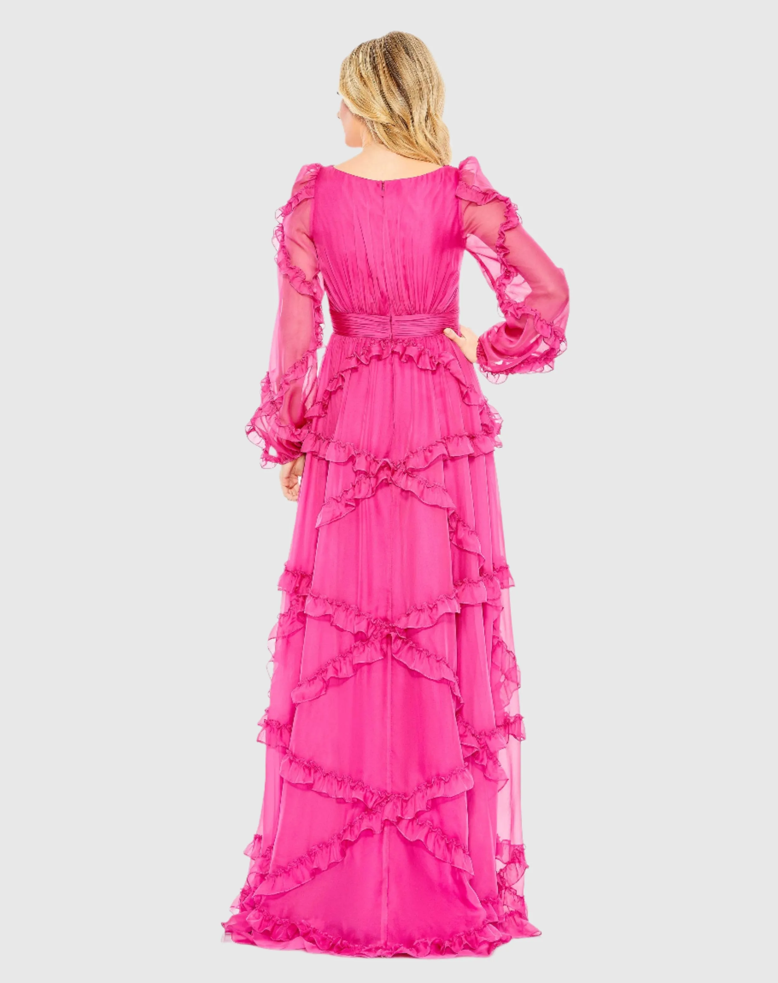 Cascade Ruffle Puff Sleeve A Line Gown