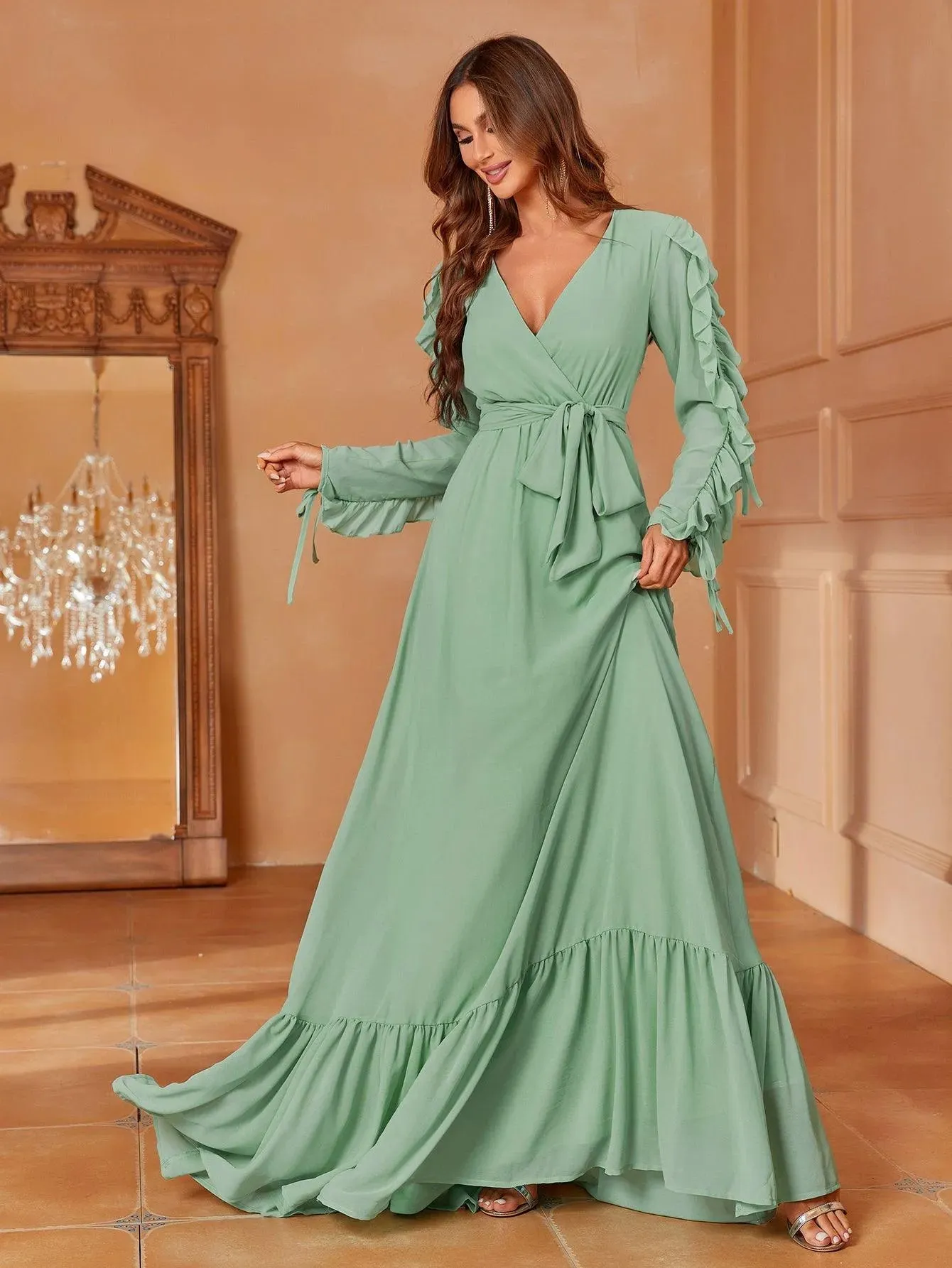 Cascading Ruffle Maxi Chiffon Party Dress