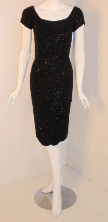 CEIL CHAPMAN 1960s Black Hand Beaded Cocktail Dress