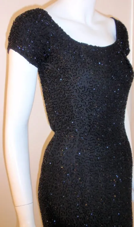 CEIL CHAPMAN 1960s Black Hand Beaded Cocktail Dress