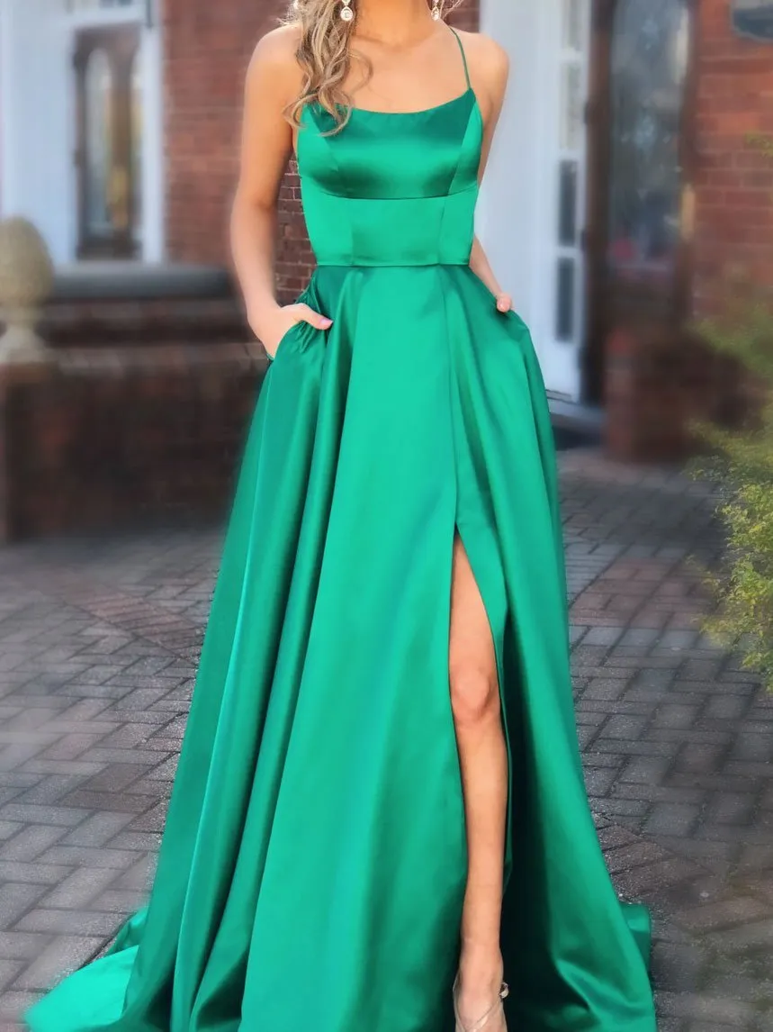 Charming Satin Spaghetti Straps Neckline Sweep Train A-line Prom Dresses With Slit PD051