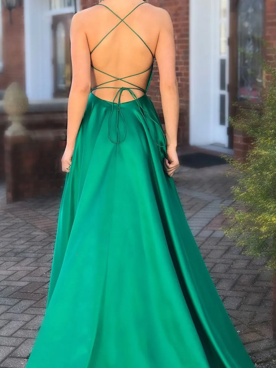 Charming Satin Spaghetti Straps Neckline Sweep Train A-line Prom Dresses With Slit PD051