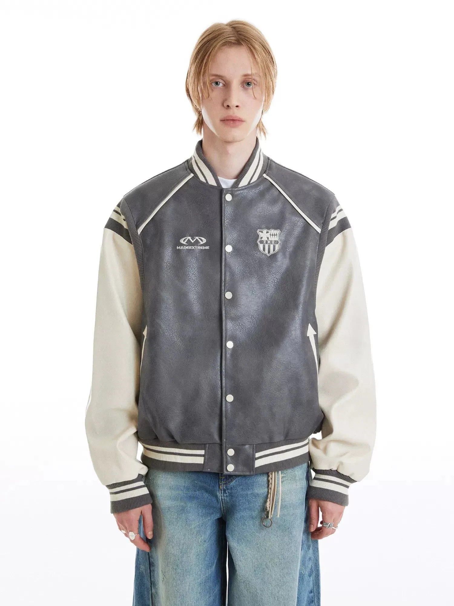 Contrast Spliced PU Leather Varsity Jacket