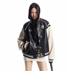 Contrast Spliced PU Leather Varsity Jacket