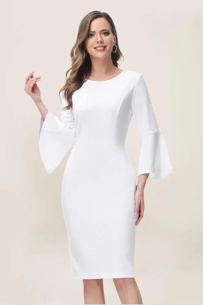 Crew Neck Knee Length Bodycon White Dress