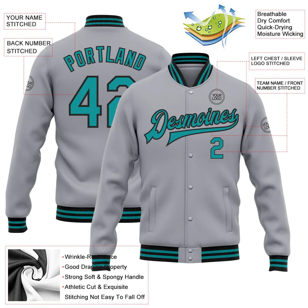 Custom Gray Teal-Black Bomber Full-Snap Varsity Letterman Jacket