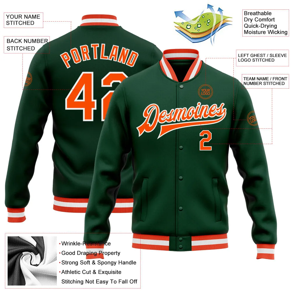 Custom Green Orange-White Bomber Full-Snap Varsity Letterman Jacket