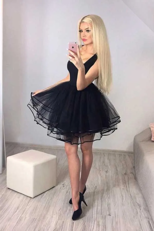 Cute Black Tulle A-line Cheap Homecoming Dresses, Short Prom Dresses, SH610