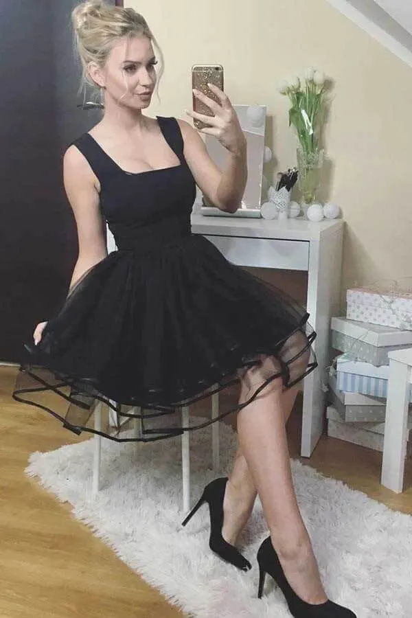 Cute Black Tulle A-line Cheap Homecoming Dresses, Short Prom Dresses, SH610