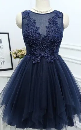 Dark Navy Jewel Sleeveless Homecoming Dresses,Appliques Beading A Line Tulle Semi Formal Dress