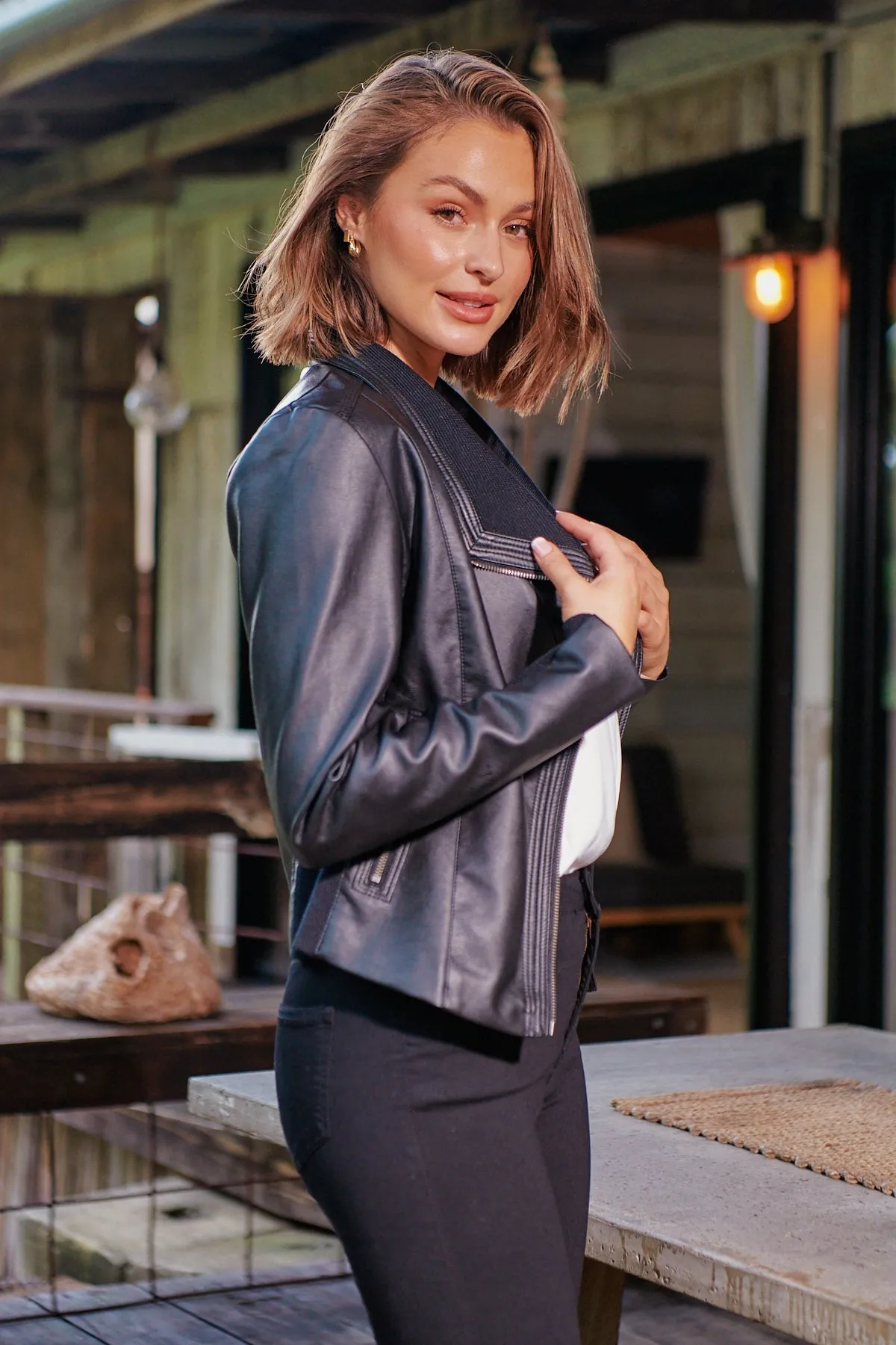 Darla Faux Leather Black Zip Jacket