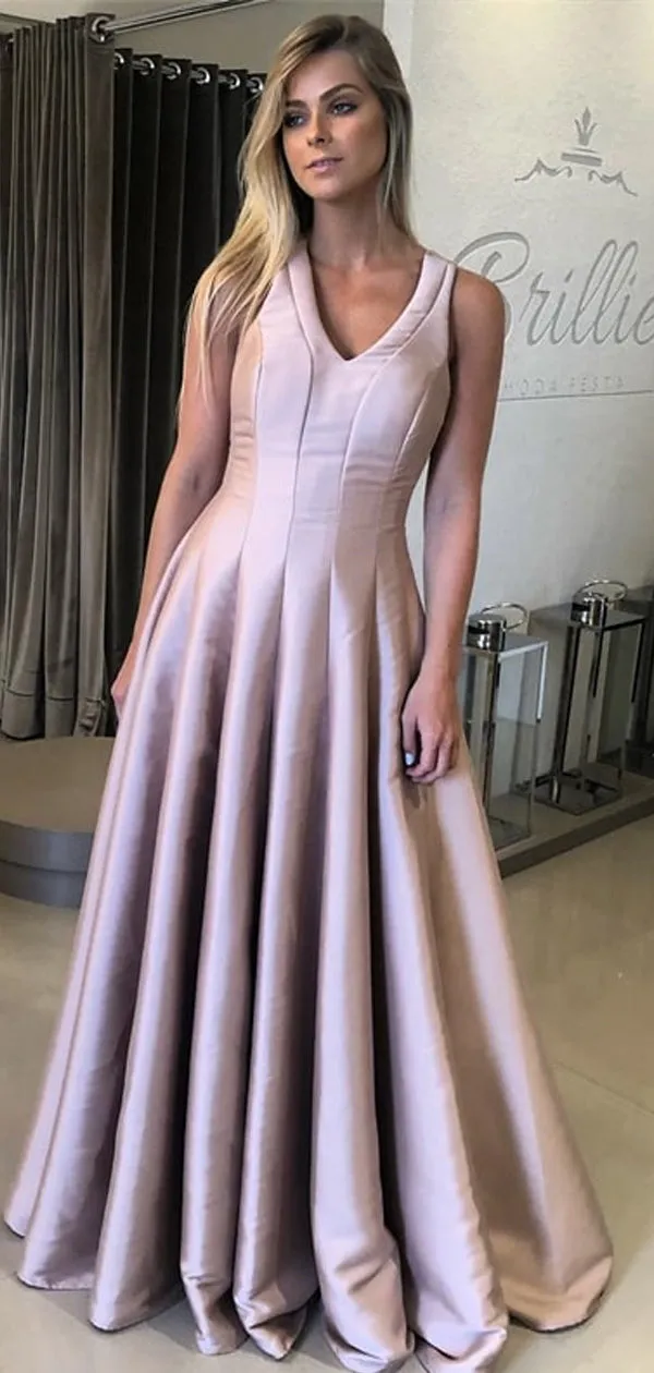 Dusty Pink Sleeveless A-line Satin Simple Prom Dresses.PD00252