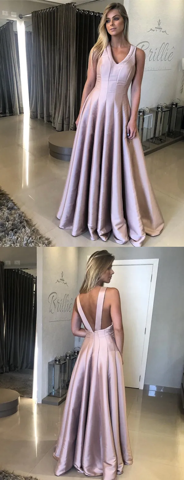 Dusty Pink Sleeveless A-line Satin Simple Prom Dresses.PD00252