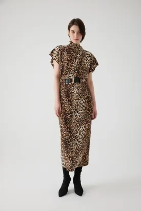 Exquise Alda Belted Bat Wing Sleeve Leopard Print Midi Dress