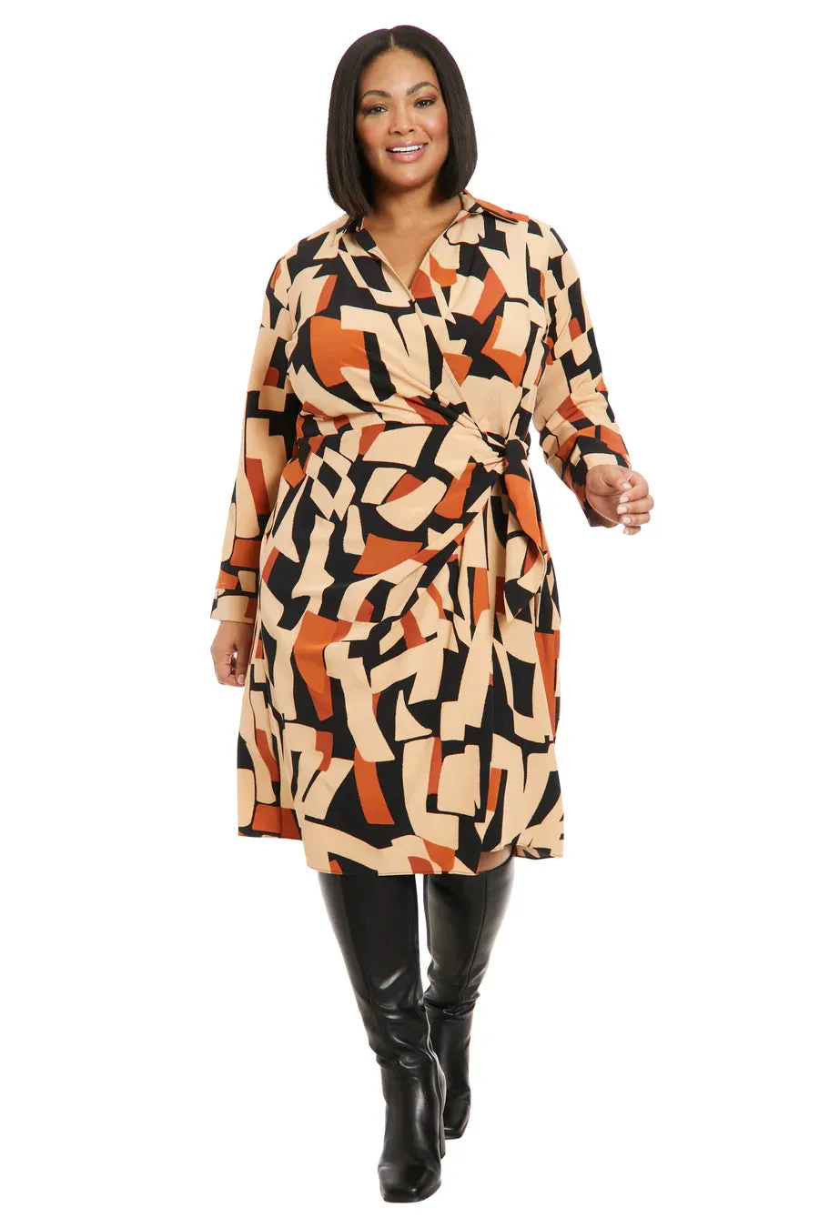 Faux Wrap Side Tie Midi Dress | Black/Caramel