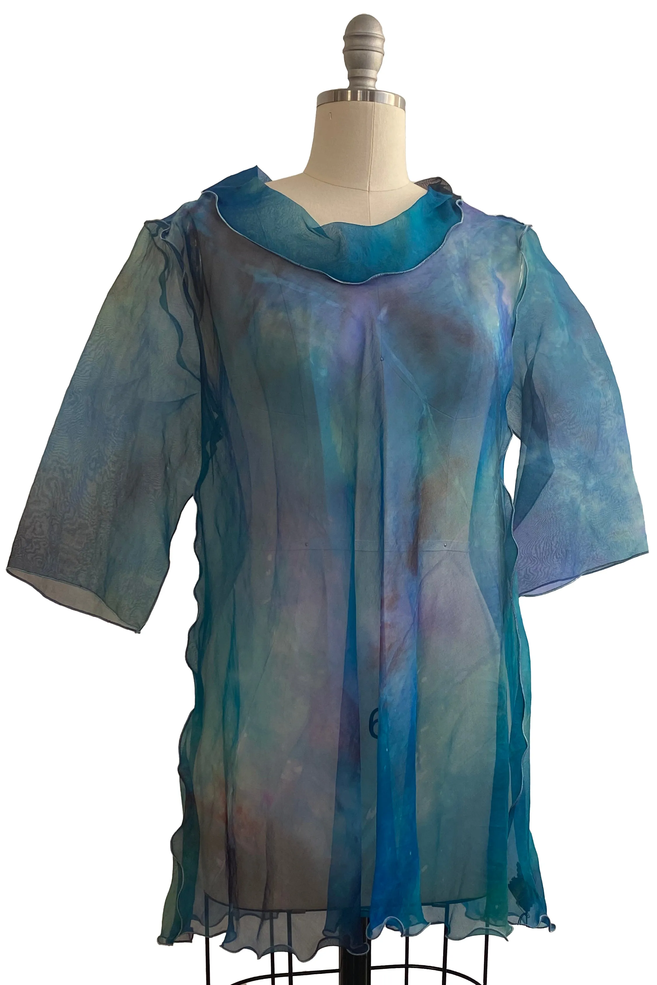 Fiona #5 Bias Tunic in Silk Organza - Painted Print - Turquoise - 4