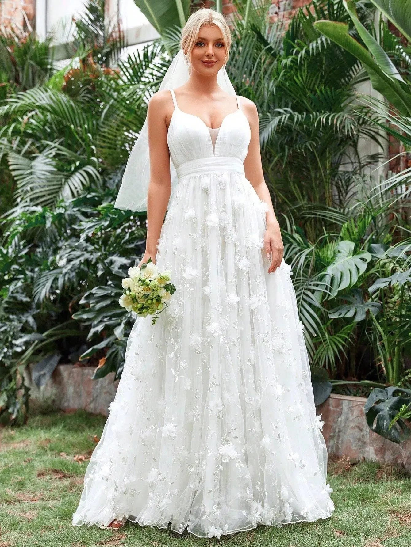 Floral Applique Mesh Cami Wedding Dress