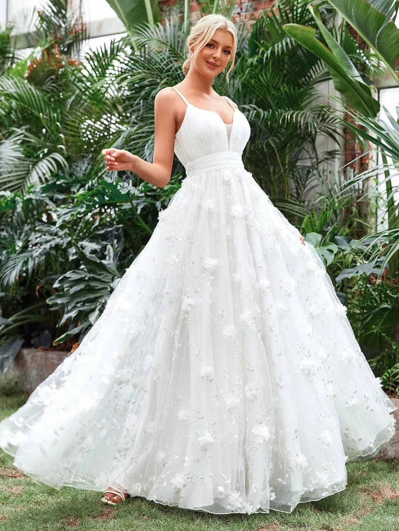 Floral Applique Mesh Cami Wedding Dress