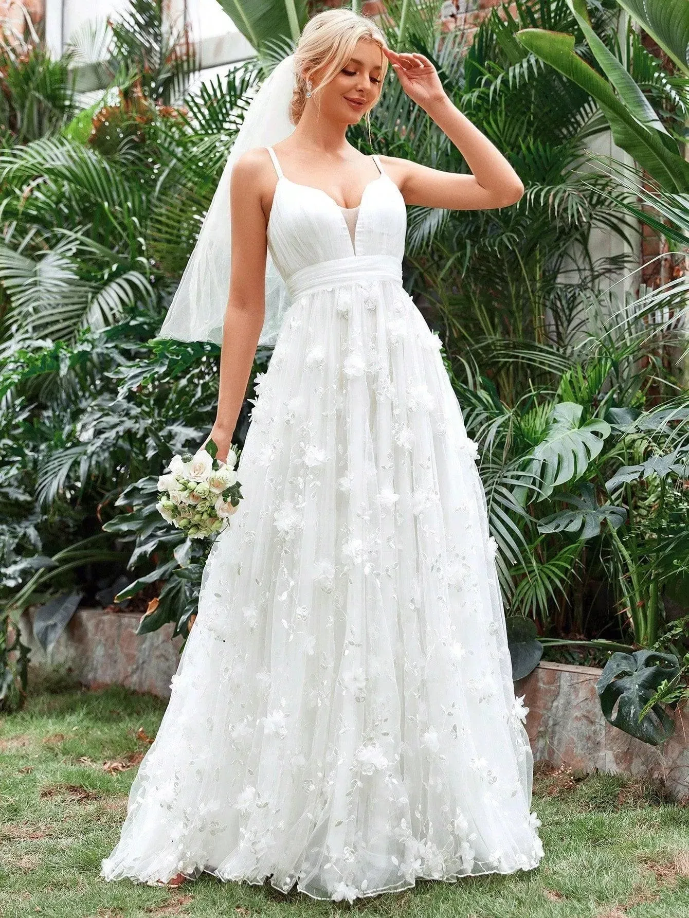 Floral Applique Mesh Cami Wedding Dress