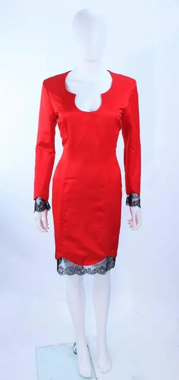 FRED HAYMAN Red Silk Cocktail Dress with Lace Trim Size 8