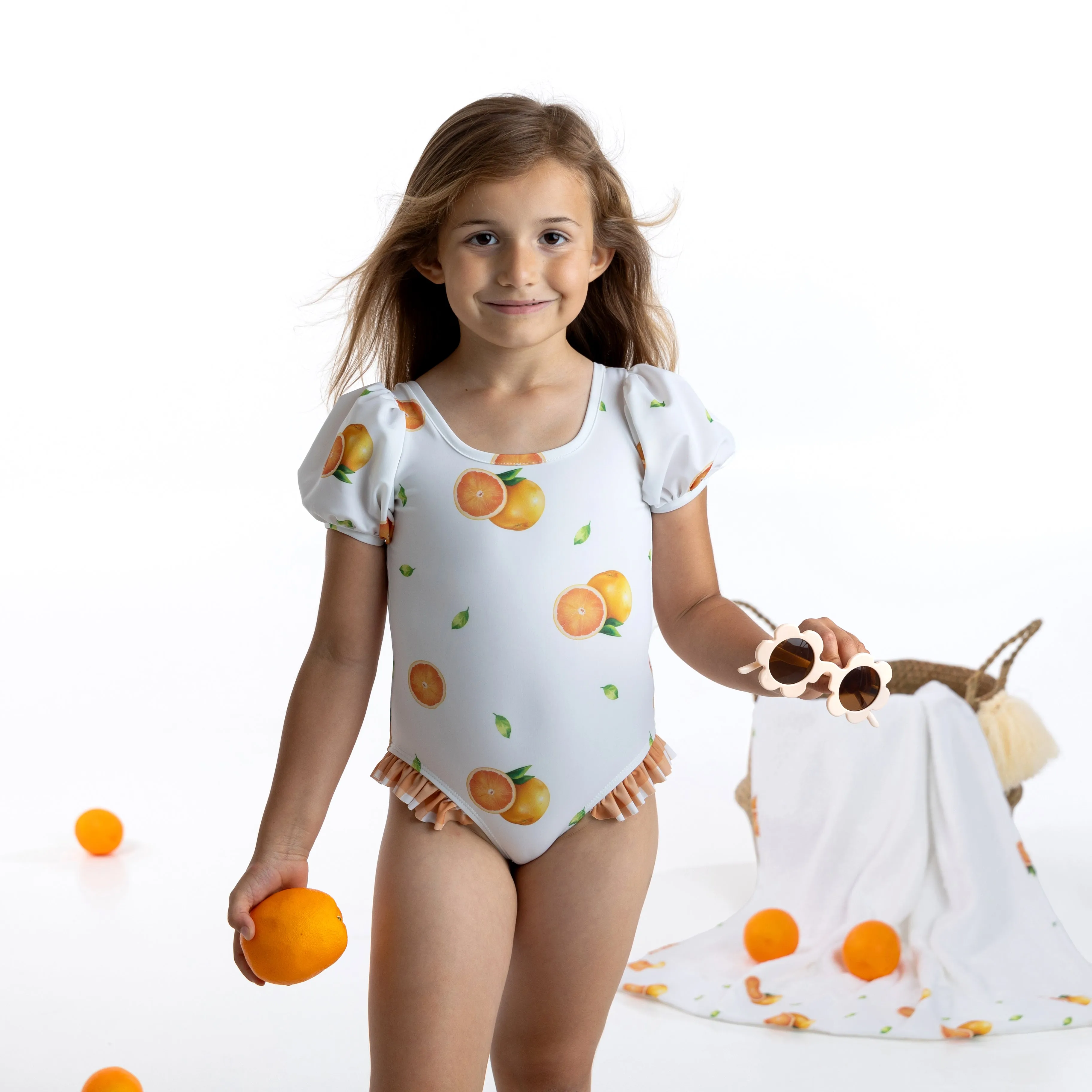 Girls Meia Pata Orange Print Puff Sleeve Swimsuit