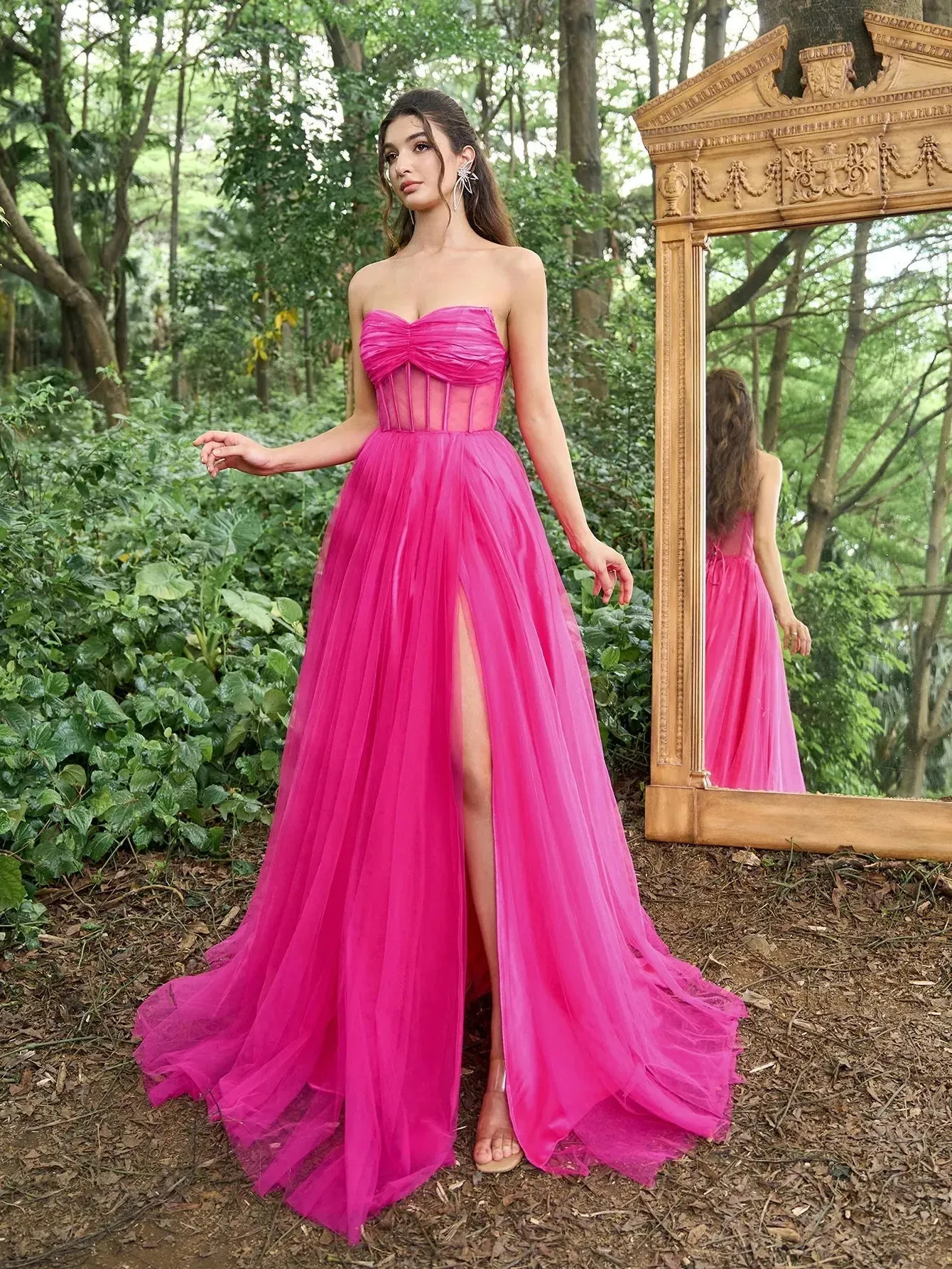 Gorgeous Sheer Bodice Split Thigh Tulle Prom Tube Dress