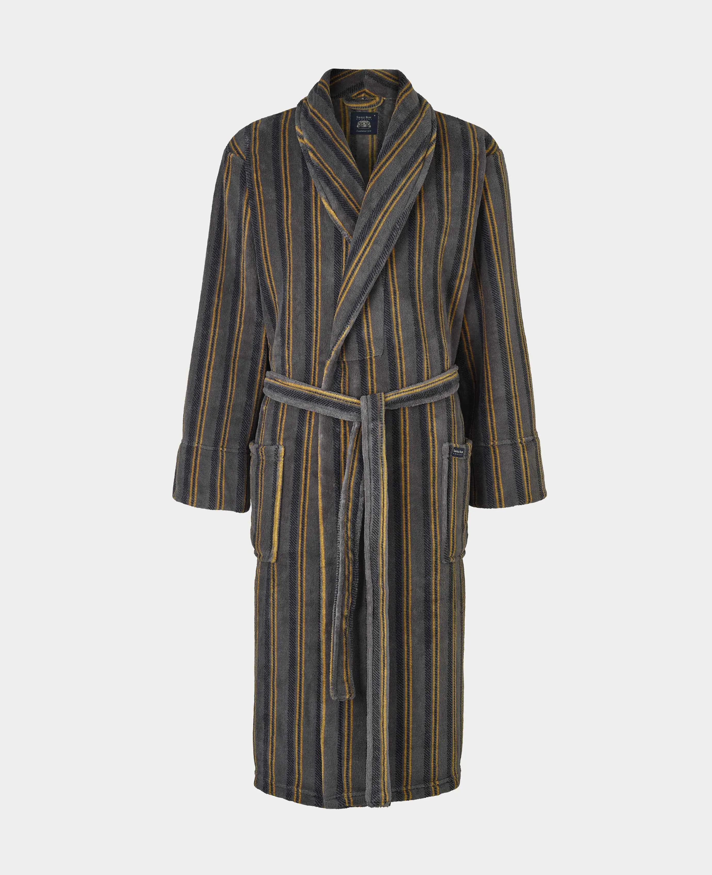 Grey Mustard Stripe Fleece Dressing Gown