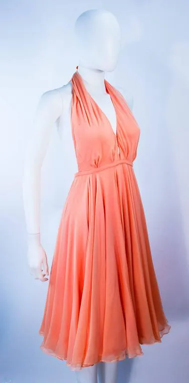 HALSTON 1970s Peach Layered Silk Chiffon Cocktail Dress Size 2-4