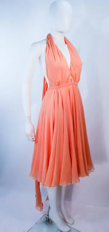 HALSTON 1970s Peach Layered Silk Chiffon Cocktail Dress Size 2-4