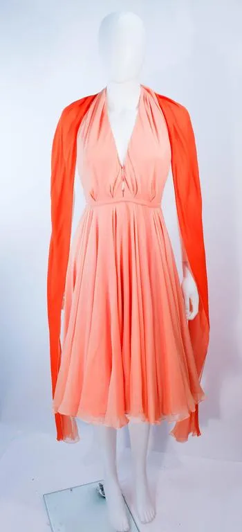 HALSTON 1970s Peach Layered Silk Chiffon Cocktail Dress Size 2-4