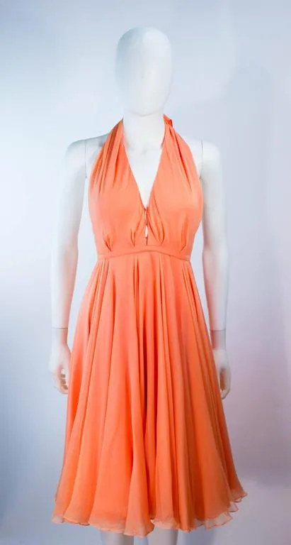 HALSTON 1970s Peach Layered Silk Chiffon Cocktail Dress Size 2-4