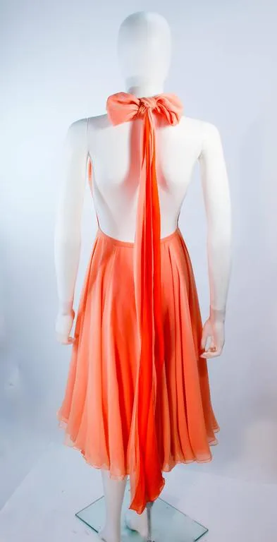 HALSTON 1970s Peach Layered Silk Chiffon Cocktail Dress Size 2-4