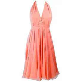 HALSTON 1970s Peach Layered Silk Chiffon Cocktail Dress Size 2-4