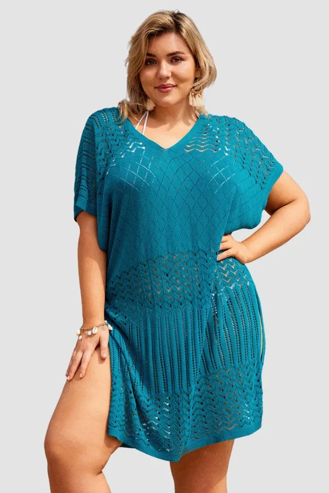 HN Women Plus Size Hollowed-out Cover-up Short Sleeve V-Neck Side Slit Knitwear