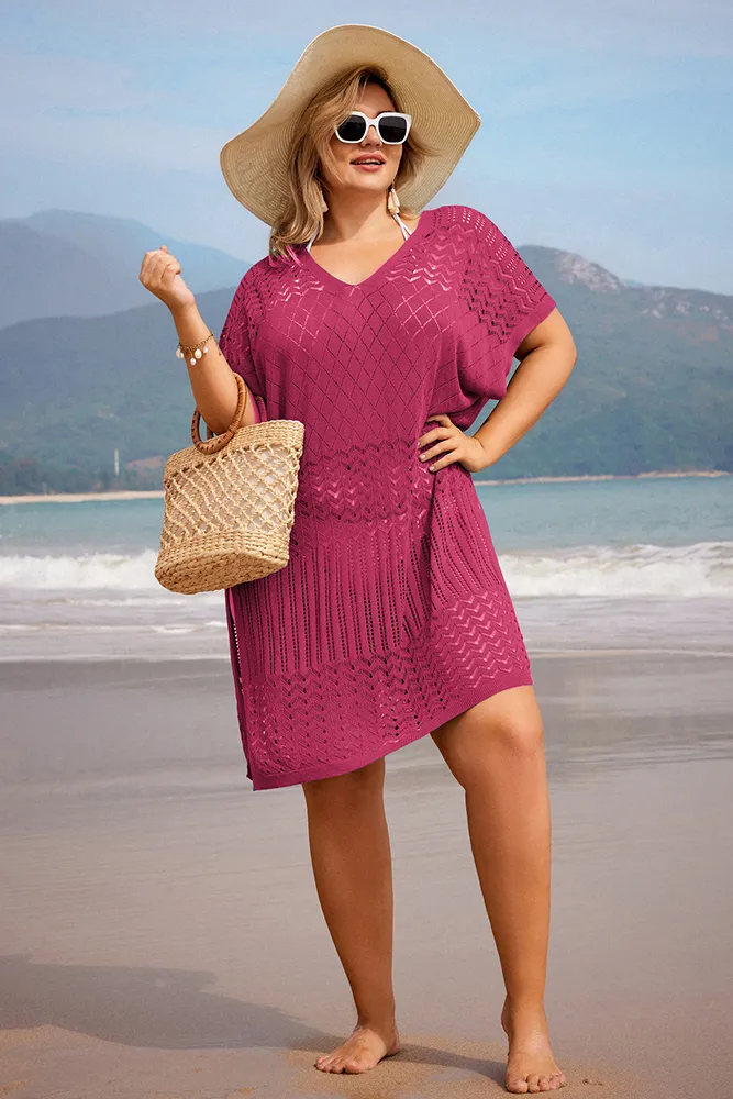 HN Women Plus Size Hollowed-out Cover-up Short Sleeve V-Neck Side Slit Knitwear