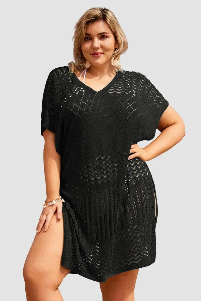 HN Women Plus Size Hollowed-out Cover-up Short Sleeve V-Neck Side Slit Knitwear