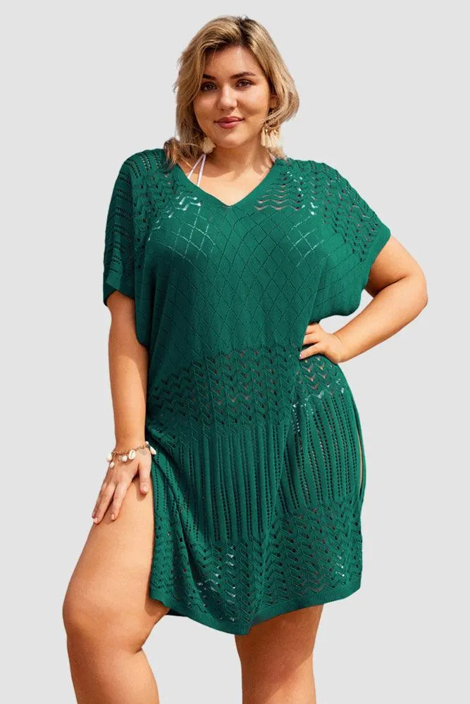 HN Women Plus Size Hollowed-out Cover-up Short Sleeve V-Neck Side Slit Knitwear