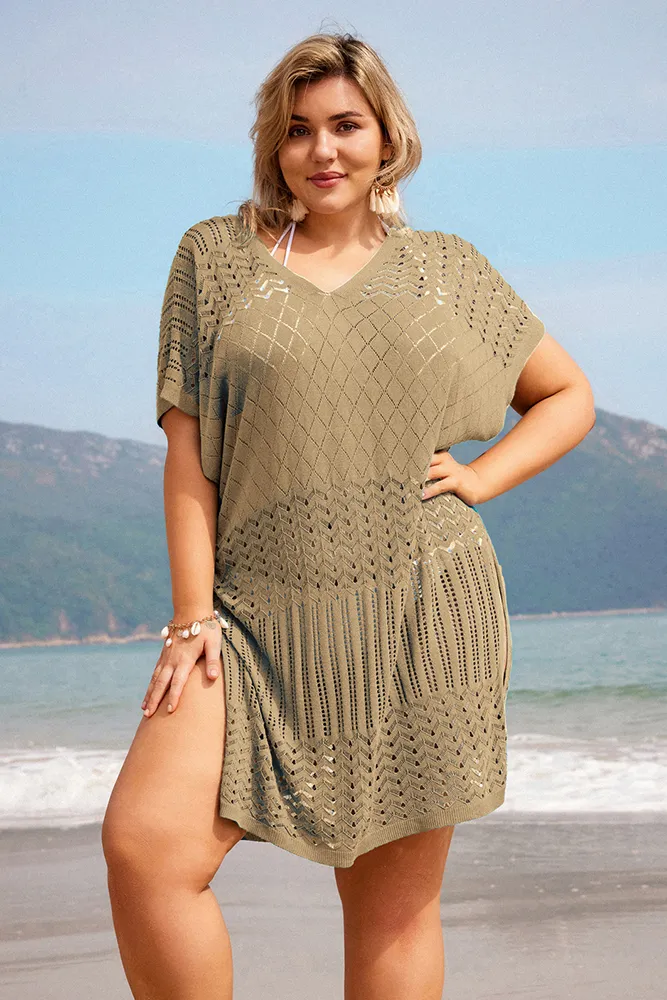 HN Women Plus Size Hollowed-out Cover-up Short Sleeve V-Neck Side Slit Knitwear