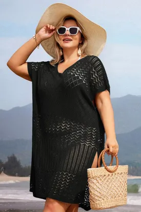 HN Women Plus Size Hollowed-out Cover-up Short Sleeve V-Neck Side Slit Knitwear