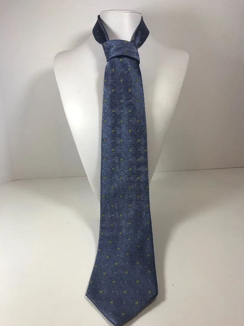 HUGO BOSS Blue Silk Tie with Square Pattern and Yellow Gold Accent 58 in.