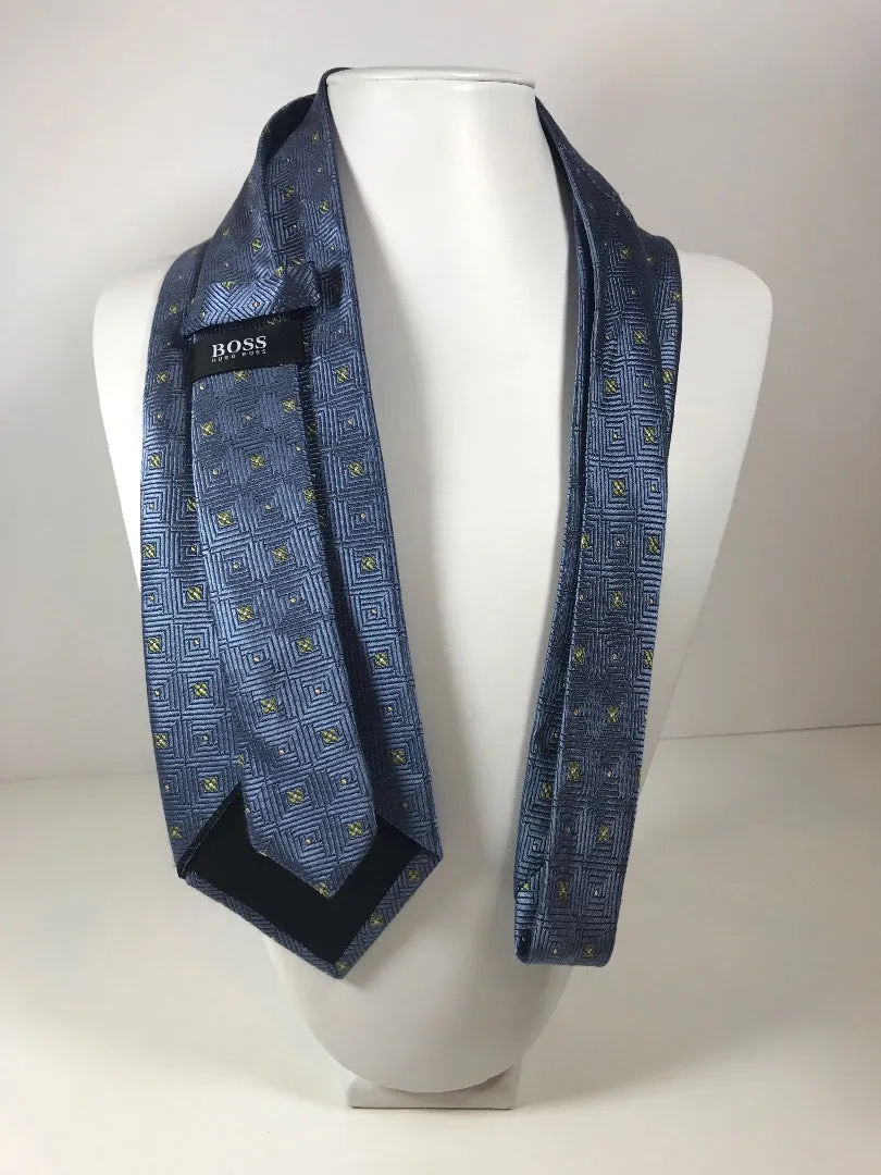 HUGO BOSS Blue Silk Tie with Square Pattern and Yellow Gold Accent 58 in.