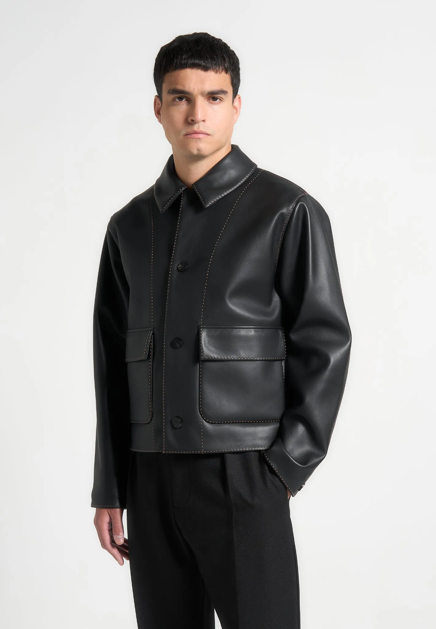 Leather Contrast Stitch Jacket - Black