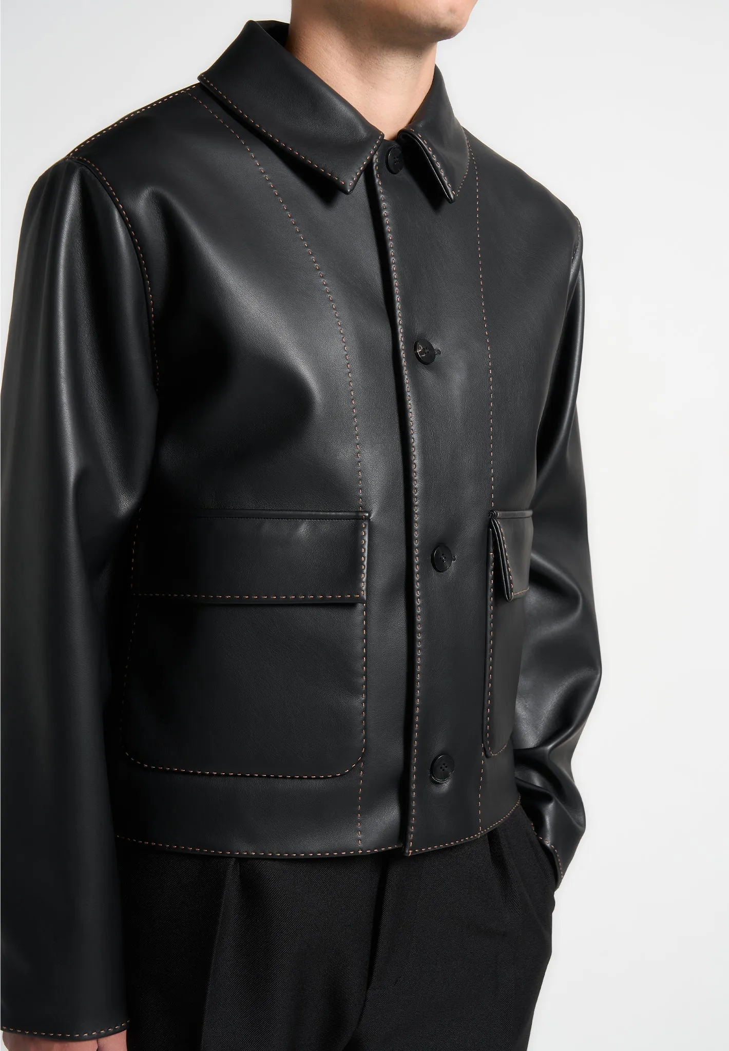 Leather Contrast Stitch Jacket - Black