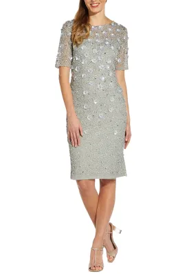 Light Grey Flowers Applique Short Sleeves Midi Dress