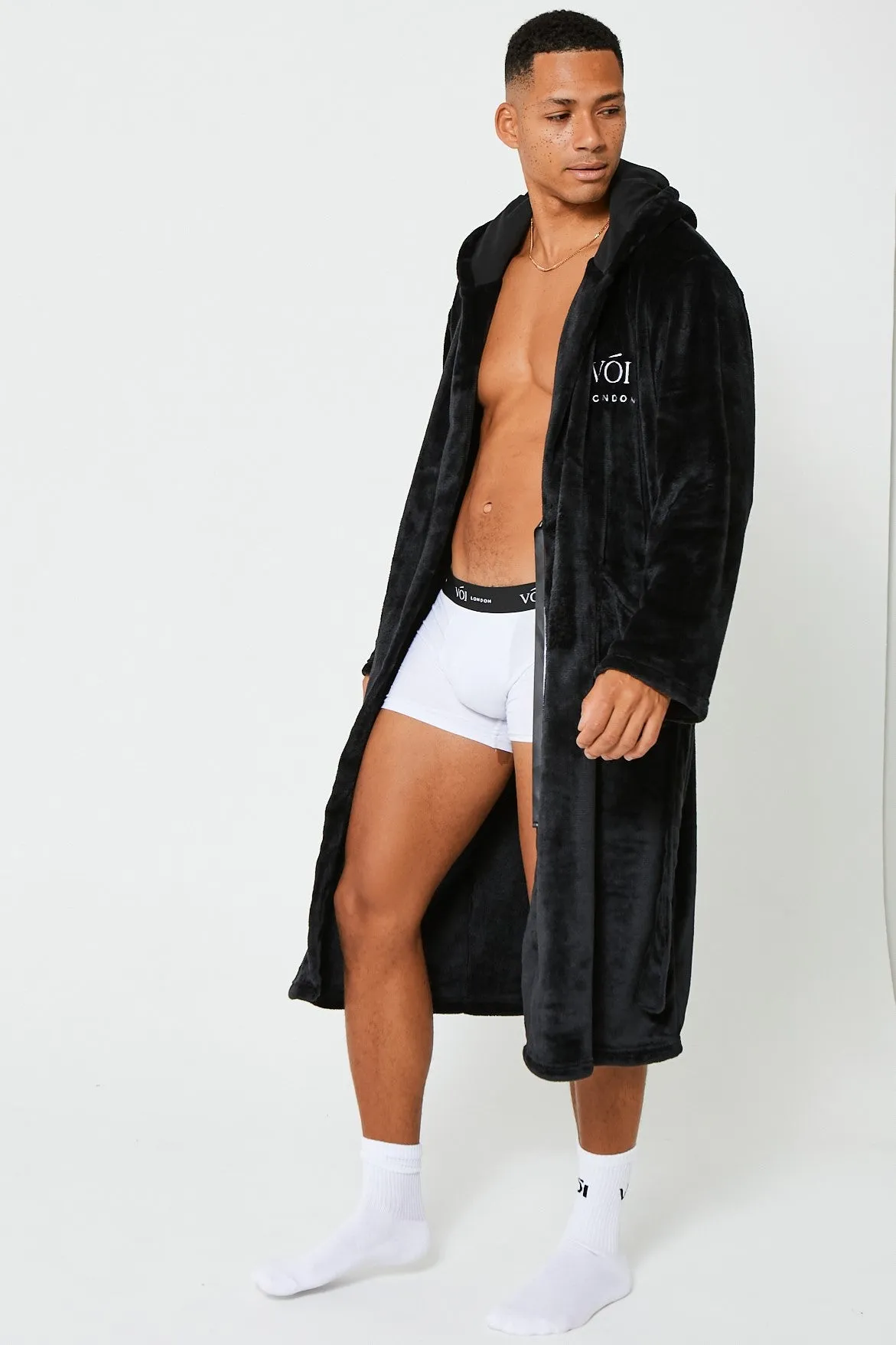 London Mews Fleece Dressing Gown - Black