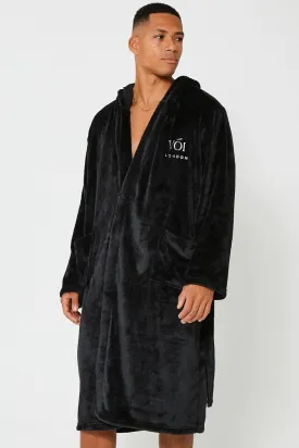 London Mews Fleece Dressing Gown - Black