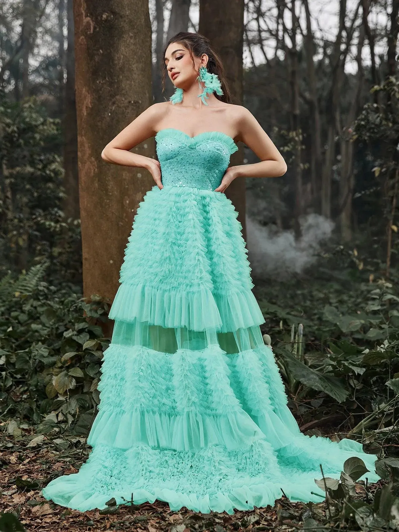 Luxury Ruffle Trim Sequin Bodice Cascading Tulle Hem Prom Dress