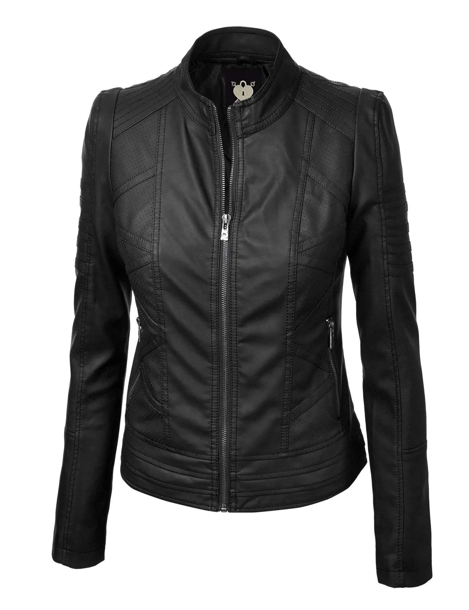 Made By Johnny MBJ Womens Faux Leather Zip Up Moto Biker Jacket with Stitching Detail