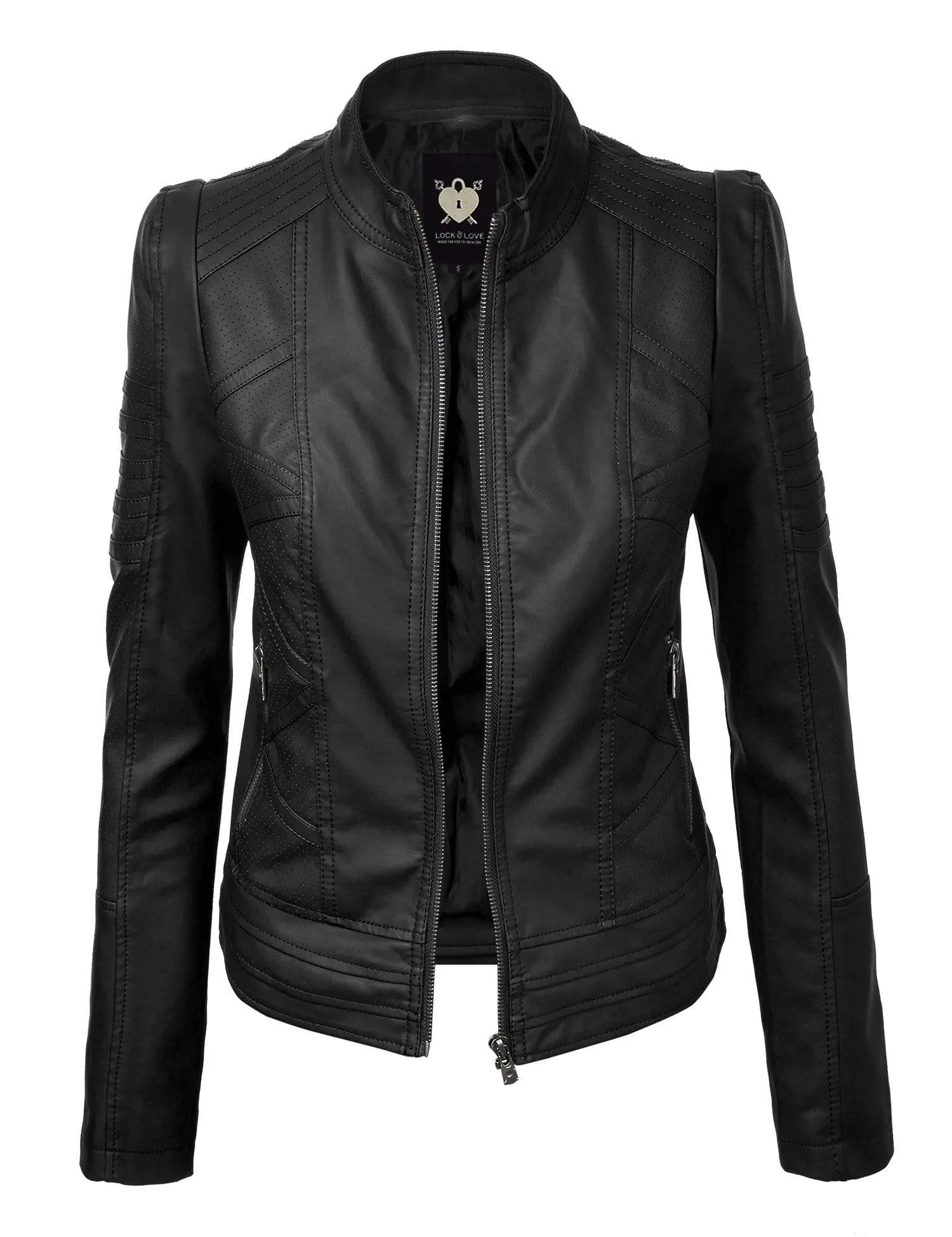 Made By Johnny MBJ Womens Faux Leather Zip Up Moto Biker Jacket with Stitching Detail