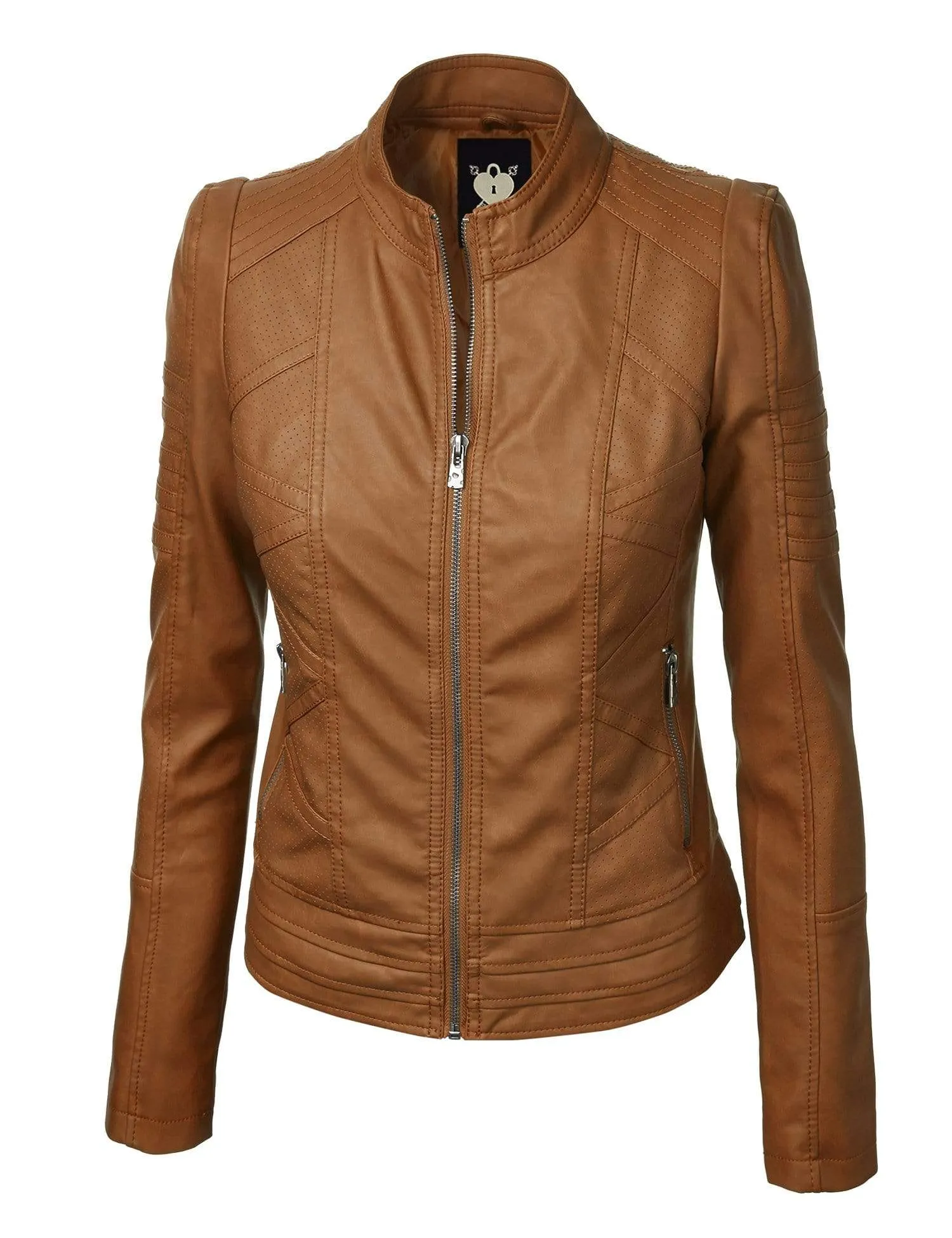 Made By Johnny MBJ Womens Faux Leather Zip Up Moto Biker Jacket with Stitching Detail